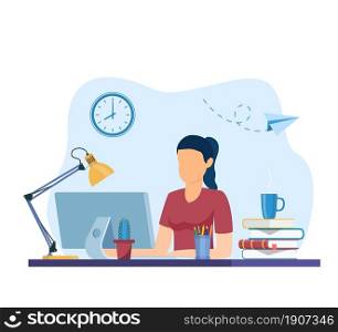 woman working on internet using laptop and drinking coffee. work at home. education or working concept. Table with books, lamp, coffee cup. Vector illustration in flat style. woman working on laptop