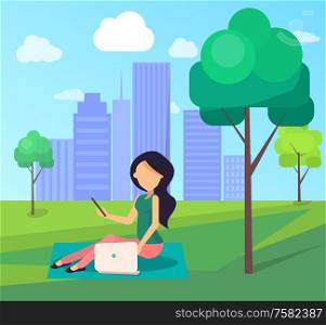 Woman working on laptop sitting on lawn, freelancer with notebook in city park. Work on fresh air conceptual vector banner.. Work on Fresh Air Vector Banner Woman with Laptop