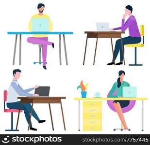 Woman working on laptop vector, people in office or at home. Man with computer looking at screen of device, character with house plant on table workplace. People Working in Office or at Home Freelancers