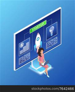 Woman working on laptop vector, rocket on screen monitor infographics, person with data and information on screen, info and data, worker businesswoman. Woman with Laptop Working on Startup Screen Vector