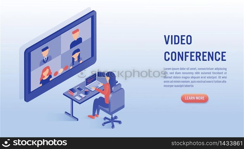 Woman working on laptop with video conference concept. Work from home, online meeting. Illustrations isometric flat vector design.