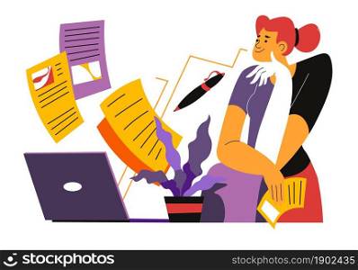 Woman working on project, copywriter manager thinking on article topic. Journalist with notes and pencil at freelance. Learning or training and completing tasks at work. Vector in flat style. Copywriter working on project using laptop vector