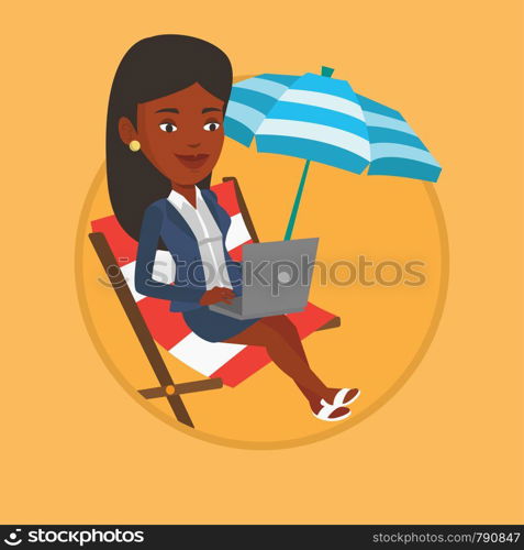 Woman working on the beach. Business woman sitting in chaise lounge under beach umbrella. Business woman using laptop on the beach. Vector flat design illustration in the circle isolated on background. Businesswoman working on laptop at the beach.