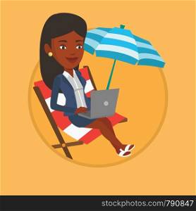 Woman working on the beach. Business woman sitting in chaise lounge under beach umbrella. Business woman using laptop on the beach. Vector flat design illustration in the circle isolated on background. Businesswoman working on laptop at the beach.