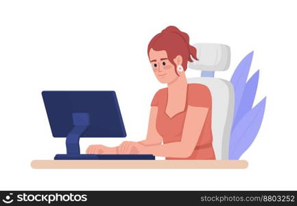 Woman working online semi flat color vector character. Editable figure. Full body person on white. Remote employee. Simple cartoon style illustration for web graphic design and animation. Woman working online semi flat color vector character
