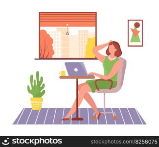 Woman working online with laptop, freelance business work online, woman with laptop or computer, freelance illustration workplace vector. Woman working online with laptop, freelance work