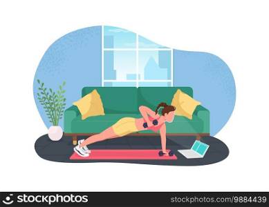 Woman working out while working 2D vector web banner, poster. Exercising female freelancer at laptop flat character on cartoon background. Home office gym printable patch, colorful web element. Woman working out while working 2D vector web banner, poster