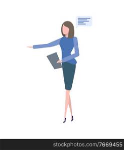 Woman working vector, person wearing skirt and blouse isolated female worker holding clipboard with papers and documents with report stats and info. Woman Wearing Formal Suit Holding Papers Vector