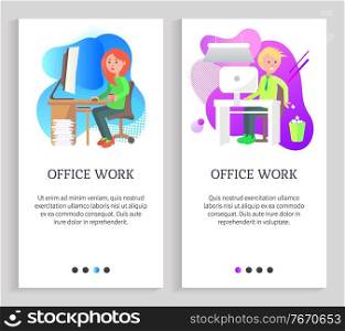 Woman working with computer, man sitting at desktop, throwing garbage in urn, worker character using pc, employee in office, job occupation vector. Website or slider app, landing page flat style. Employee in Office, Work with Computer Vector