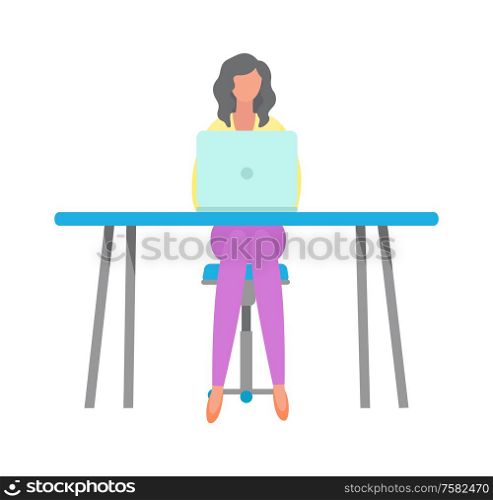 Woman working with computer vector, digital world person with laptop. Freelancer distant worker using modern form of work, flat style isolated business. Woman Freelancer Sitting by Table with Laptop