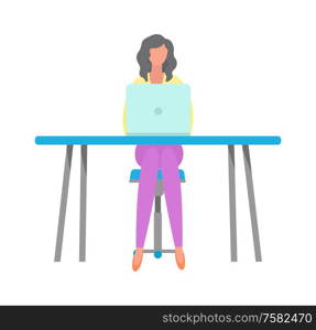 Woman working with computer vector, digital world person with laptop. Freelancer distant worker using modern form of work, flat style isolated business. Woman Freelancer Sitting by Table with Laptop
