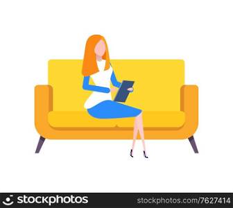 Woman working with information on gadget vector, lady holding tablet in hands, character sitting on comfortable yellow furniture, work task online. Lady with Gadget Working from Home Person Vector