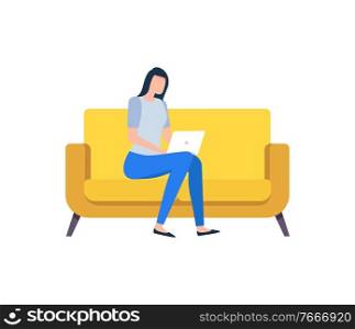 Woman working with laptop on sofa, sitting female character using computer, portrait view of person with wireless device, relaxing or working vector. Female Communication with Laptop on Sofa Vector