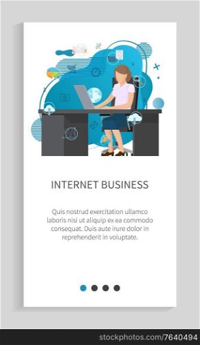 Woman working with laptop on workplace, worker communication with computer, save cloud and diagram icons on liquid shape, internet business vector. Website or app slider, landing page flat style. Internet Business, Working with Laptop Vector