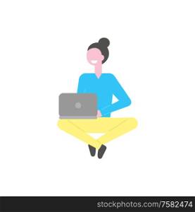 Woman working with laptop vector isolated cartoon person. Girl sits with notebook, campus student isolated cartoon character. Attractive college learner on white. Woman Working with Laptop Vector Isolated Person