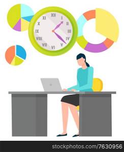 Woman working with laptop, worldwide connection, diagram and clock icons. Element of international business, employee and chart, deadline sign. Vector illustration in flat cartoon style. Employee and Computer, Diagram and Clock Vector