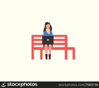 Woman working with personal laptop on wooden bench vector. Freelance worker busy with work, sitting outdoor. Freelance female at job typing on pc. Woman Working with Personal Laptop on Wooden Bench