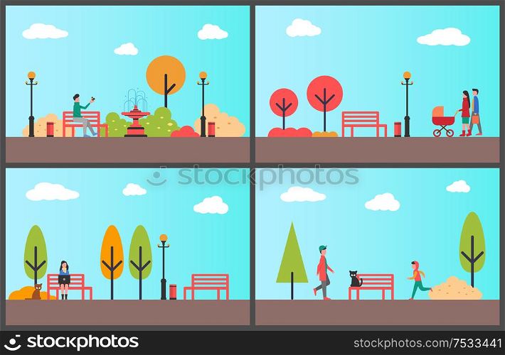 Woman working with project on laptop in autumn park vector. Father and mother with kid walking along trees, man playing with bird. Teenager strolling. Woman Working Project on Laptop in Autumn Park