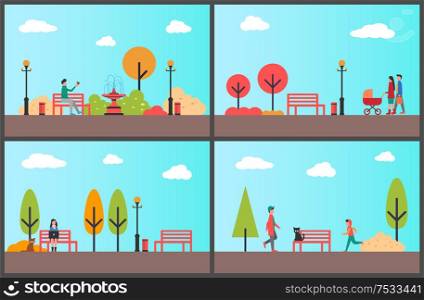 Woman working with project on laptop in autumn park vector. Father and mother with kid walking along trees, man playing with bird. Teenager strolling. Woman Working Project on Laptop in Autumn Park