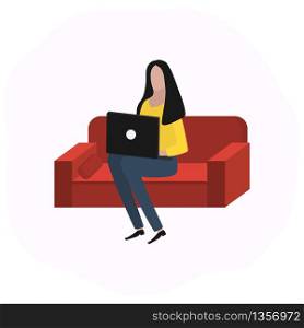 Woman works at a laptop. Fashion trend vector illustration, flat design.. Woman works at a laptop. Fashion trend vector illustration, flat design