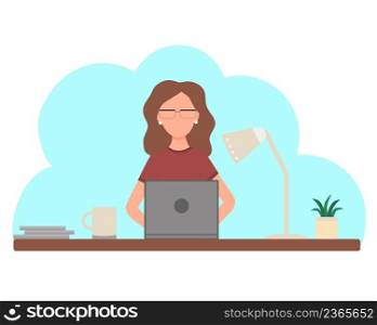 Woman works at table. Vector girl works at laptop. Office worker. Workplace of an employee, flat