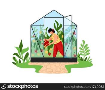 Woman works in garden. Cartoon young female watering plants in greenhouse. Agricultural worker grows natural vegetables in glass hothouse. Cute gardener takes care of flowers. Vector illustration. Woman works in garden. Cartoon female watering plants in greenhouse. Agricultural worker grows natural vegetables in hothouse. Cute gardener takes care of flowers. Vector illustration