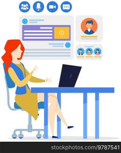Woman works with customer profile. Employee working with social media using laptop. Internet browser window with open social network. Girl creates design of profile with user information and photo. Employee working with social media using laptop. Girl creates design of user profile for customer