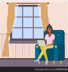 Woman works with laptop in living room. Remote work, programming, online freelancing. Female character sits with digital technology, performs tasks. Employee sitting in armchair with computer at home. Woman works with laptop in living room. Employee sitting in armchair with computer at home