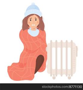 Woman wrapped in blanket is freezing and basking near radiator. Cartoon flat vector illustration. Concept season cold, suffering of low degrees temperature and and room heat heating