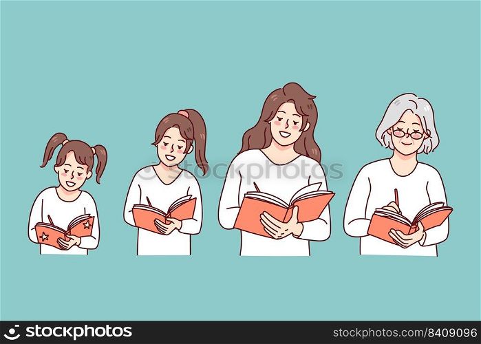 Woman writing in diary all her life. Small girl, adult woman and old grandmother handwriting in planner or journal, making memories. Vector illustration.. Woman writing diary through life