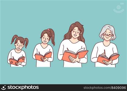 Woman writing in diary all her life. Small girl, adult woman and old grandmother handwriting in planner or journal, making memories. Vector illustration.. Woman writing diary through life