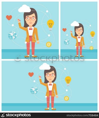 Woman writing on a virtual screen. Business woman drawing a cloud computing diagram on a virtual screen. Cloud computing concept. Vector flat design illustration. Square, horizontal, vertical layouts.. Business woman and cloud computing.