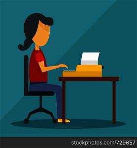 Woman writing on desktop icon. Flat illustration of woman writing on desktop vector icon for web design. Woman writing on desktop icon, flat style