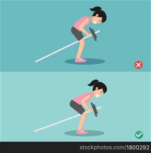Woman wrong and right bent over row posture,vector illustration