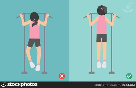 Woman wrong and right pull up posture,vector illustration