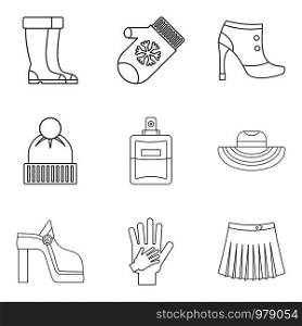 Womanlike icons set. Outline set of 9 womanlike vector icons for web isolated on white background. Womanlike icons set, outline style
