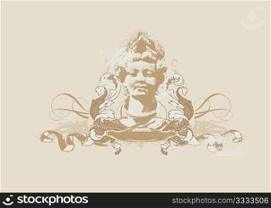 womans bust with heraldic ornament on grunge background.vector illustration