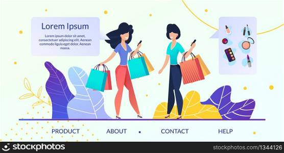Womans Clothing Online Shop, Cosmetics or Makeup Products Internet Store Flat Vector Web Banner, Landing Page with Two Happy Women, Female Customers Standing Together with Shopping Bags Illustration