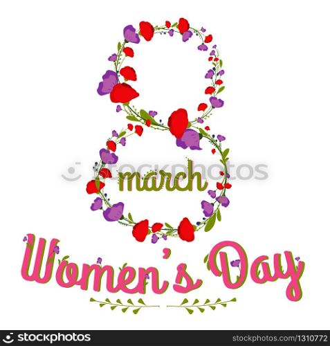 Womans Day text design with flowers poppy, anemones on square background. Vector illustration. 8 march greeting calligraphy design. Template for a poster, cards, banner.. Woman s Day text calligraphy design with flowers Vector illustration. 8 march greeting card. Template for a poster, cards, banner.