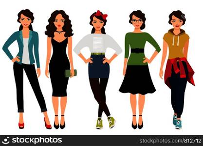 Womans fashion styles vector illustration. Female model in casual, teenage and business clothes isolated on white background. Women fashion styles illustration