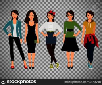 Womans fashion styles vector illustration. Female model in casual, teenage and business clothes isolated on transparent background. Ffashion women set on transparent background