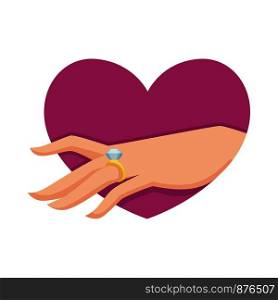 Womans hand showing finger with big golden ring having diamond precious stone. Heart and female symbols of love and marriage, engagement and wedding sign jewelry isolated on vector illustration. Womans hand showing finger with ring vector illustration