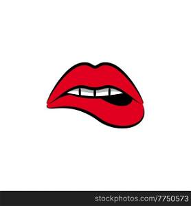 Womans sensuous lips, beautiful open mouth biting lip, red Illustration drawn in the comics style. Womans sensuous lips, beauty open mouth biting lip