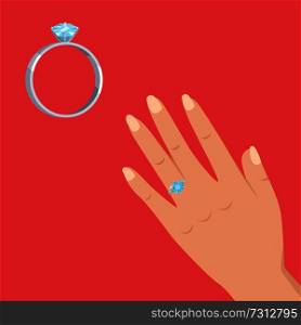 Womans wrist with precious ring decorated diamond on annulary finger isolated flat vector. Marriage proposal or engagement concept with wedding ring. Marriage Proposal or Engagement Vector Concept