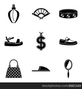 Women accessories icons set. Simple set of 9 women accessories vector icons for web isolated on white background. Women accessories icons set, simple style