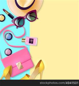 Women Accessories Poster. Color poster depicting lay woman accessories with bicolour background vector illustration