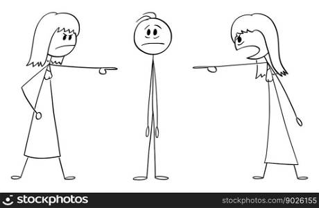 Women accusing or blaming boy or man, vector cartoon stick figure or character illustration.. Women Accusing or Blaming Man or Boy , Vector Cartoon Stick Figure Illustration