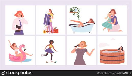 Women activities. Female hobby, active lifestyle. Different girls life situations vector concept. Illustration woman activity character, hobby and recreation. Women activities. Female hobby, active lifestyle. Different girls life situations vector concept