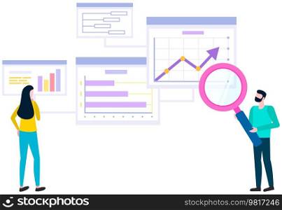 Women analysing diagrams, brainstorming. Marketing research results presentation. Colleagues discuss statistical indicators, business statistics. Female employees work with financial data analysis. Female employees work with data analysis. Women analysing diagrams, statistical presentation