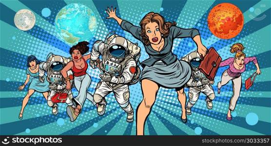 women and astronauts running into the future in space. women and astronauts running into the future in space. Pop art retro vector illustration comic cartoon vintage kitsch drawing. women and astronauts running into the future in space
